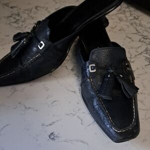 Ladies Navy Blue Leather Loafers with Tassels